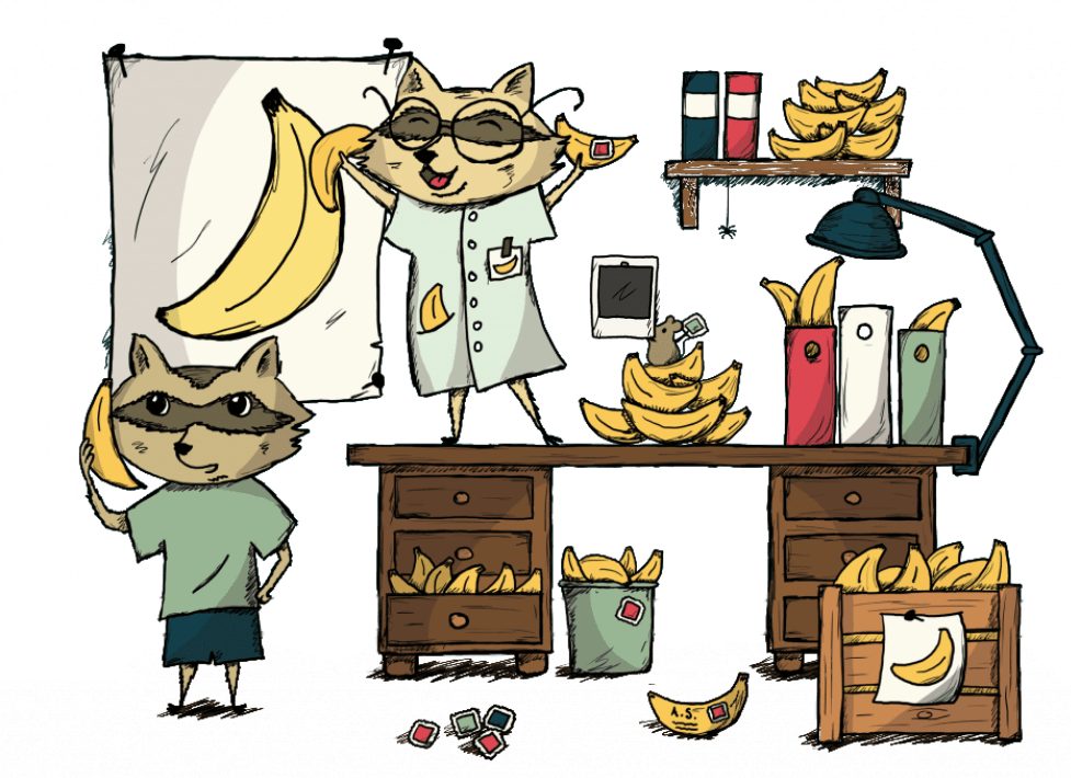 Cute animals working at a desk covered in bananas.
